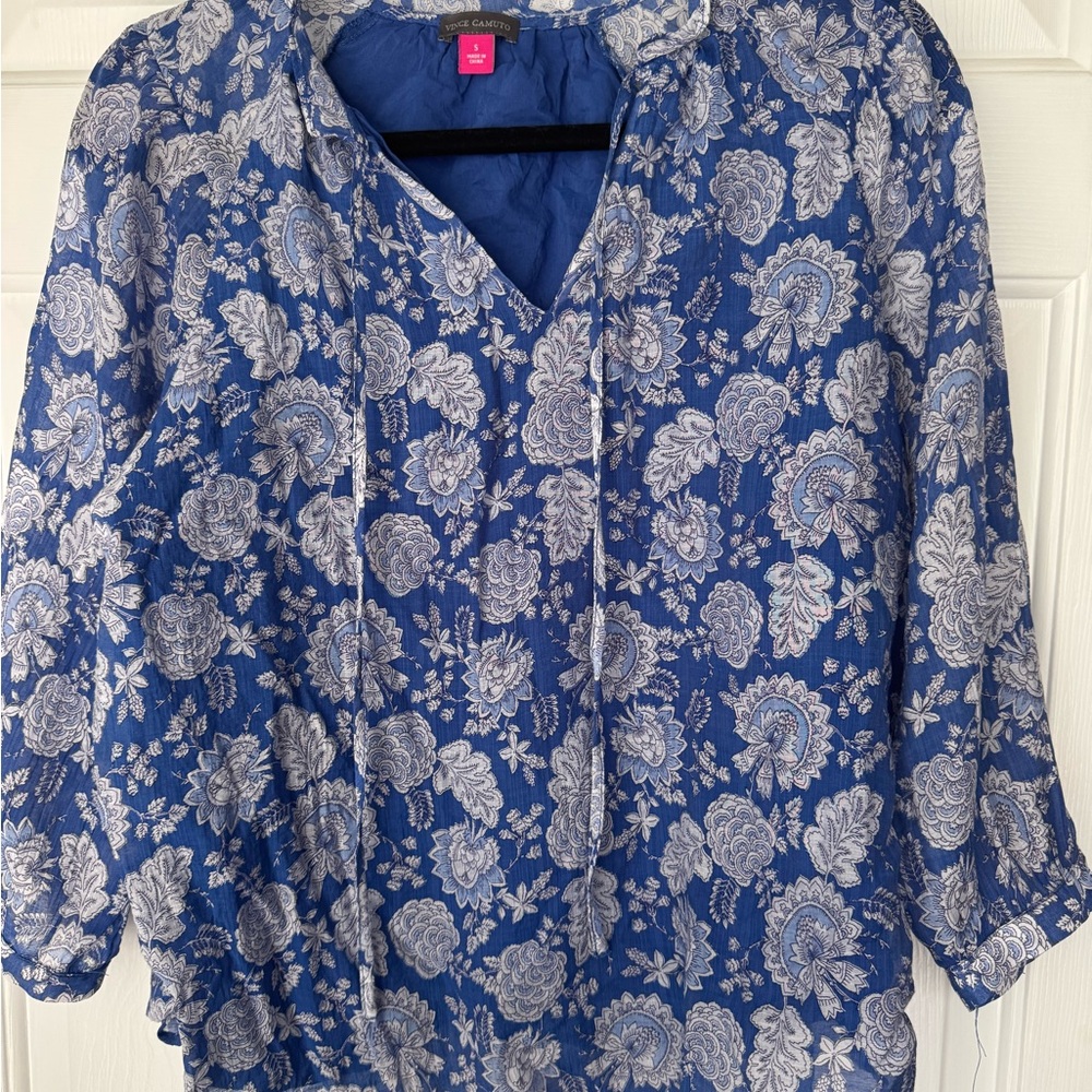 Vince Camuto Blue Ruffled Blouse with Mandarin Collar